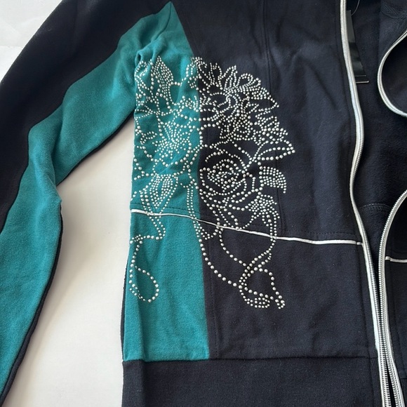 BCBG Max Azria Black track suit jacket and pants with floral Rhinestone Logo - Picture 3 of 16